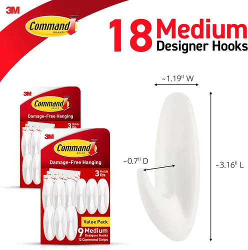 Vista 2 de Command Ganchos de diseño medianos, ganchos de pared para colgar sin daños con tiras adhesivas, ganchos de pared sin herramientas para colgar