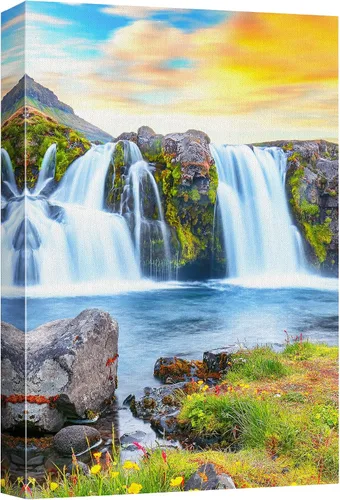 Vista 31 de wall26 Lienzo impreso para pared, cascada de montaña islandesa al anochecer, naturaleza, desierto, fotografía, realismo, paisaje decorativo