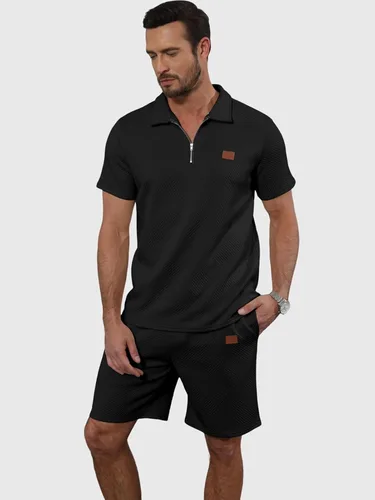 Vista 3 de Ryehack Conjunto deportivo de 2 piezas para hombre, conjunto de sudadera tipo polo con cremallera jacquard