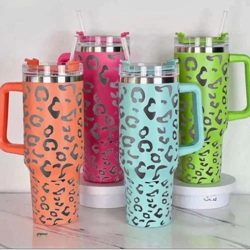 Vista 5 de Vaso de 40 onzas con asa y pajita, color menta, verde claro, azul, leopardo, plata, tapa de taza de 10 pulgadas de alto, incluida taza de viaje