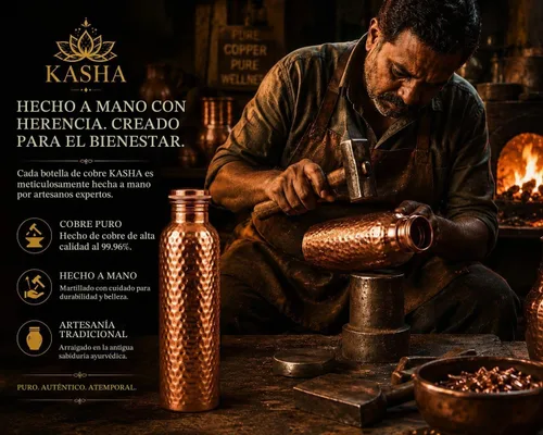 Vista 7 de KASHA Ayurvedic - Botella de agua de cobre puro 99.96% para agua potable, probada en laboratorio, 32 onzas, botella de agua de cobre puro a prueba