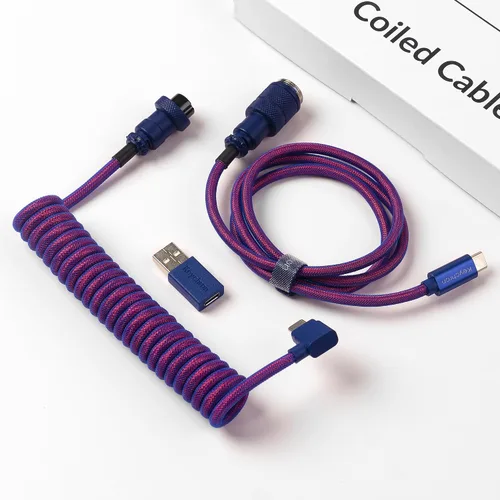 Vista 7 de Keychron Cable morado en ángulo USB-C en espiral premium, conector de metal desmontable GX16 de 5 pines, adaptador USB-A, diseño de doble manga