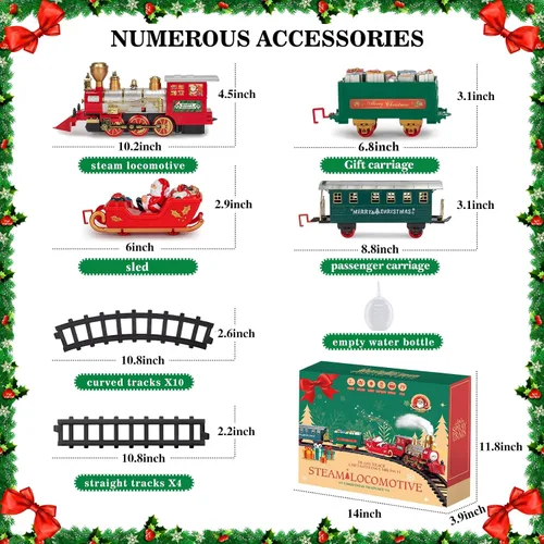 Vista 5 de OleFun Juego de tren de Navidad, juguetes de tren eléctrico con vapor de agua, sonidos y luces, juego de tren modelo para debajo del árbol