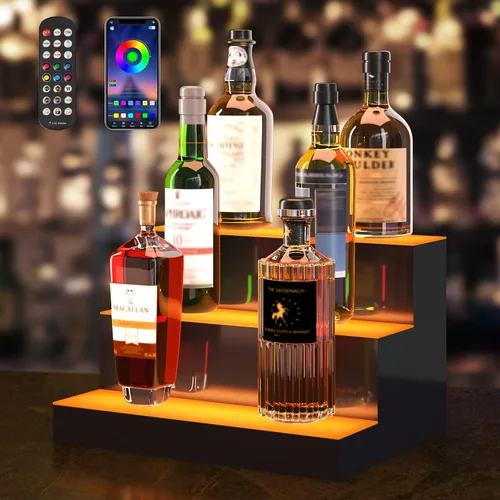 Vista 12 de VEVOR Pantalla de botella de licor con iluminación LED, 2 niveles de 30 pulgadas, compatible con USB, estante iluminado de bar para el hogar