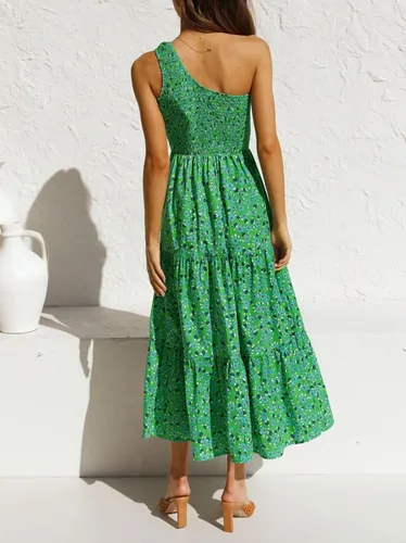 Vista 3 de ZESICA Vestido largo midi de verano bohemio con estampado floral de un hombro, sin mangas, fruncido con volantes, escalonado, para playa