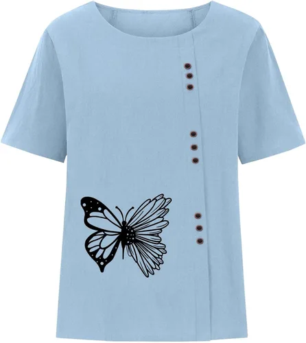 Vista 4 de Camisa hawaiana botones Mujer Blusa Estampado mariposas Camisetas Tops Cuello Redondo Manga Corta Túnica Camiseta Lino
