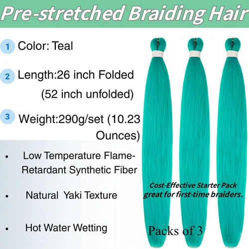 Vista 2 de Cabello trenzado verde azulado preestirado, hipoalergénico, sintético, color azul aguamarina, para trenzas y giros, extensiones de cabello largo