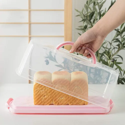 Vista 5 de Panera rectangular de plástico con mango portátil, caja de almacenamiento para pasteles de pan para almacenar pan de plátano, pan de calabaza