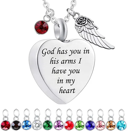 Vista 16 de Dios te tiene en sus brazos con dije de ala de ángel para cenizas de cremación, collar de urna conmemorativa con cristal de piedra natal Abril