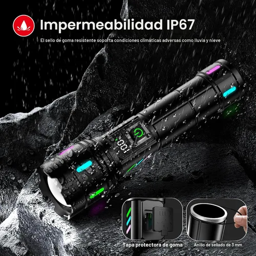 Vista 7 de Linterna 20000 Lúmenes Altos Recargable - Luz LED Flash Súper Brillante de 30W con Pantalla LCD Haz de 3937ft y 12H de Larga Duración USB C