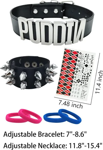 Vista 6 de Puddin - Juego de gargantilla y pulsera de cuero punk, collar de letra, accesorio de cosplay para mujer, disfraz de fiesta de Halloween