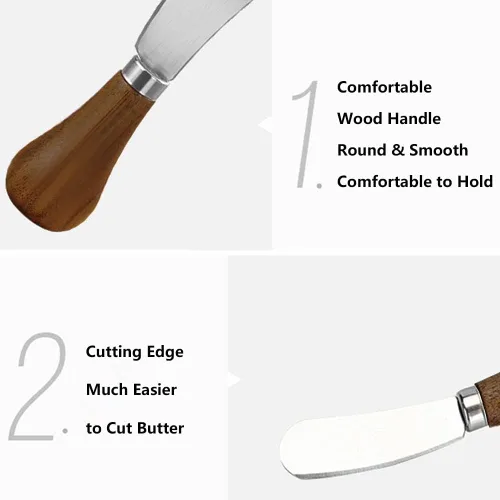 Vista 5 de Paquete de 2 cuchillos esparcidores de mantequilla de pie, cuchillos esparcidores de queso de acero inoxidable con mango de madera, cuchillos