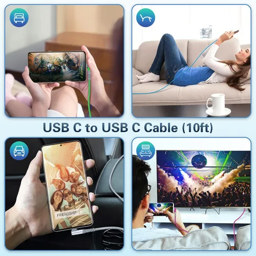 Vista 6 de Paquete de 5 cables USB C a USB C de 10 pies en ángulo recto USB C extra largo de 60 W/3A tipo C a tipo C, cable de carga rápida compatible
