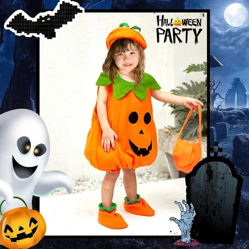 Vista 6 de EVNEED Disfraz de calabaza de Halloween, lindo disfraz de calabaza de Halloween para niños y niñas, ropa de fiesta de disfraces de calabaza