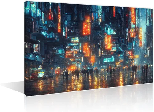 Vista 12 de 1 panel de cuadros de la ciudad de Cyberpunk, arte de pared, representación de vallas publicitarias, edificios modernos en la capital con obras