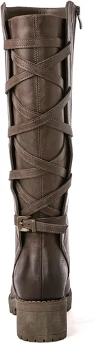 Vista 5 de GLOBALWIN Botas altas de motocicleta con tiras para mujer, botas de equitación de pantorrilla ancha con cordones en la parte trasera para otoño e