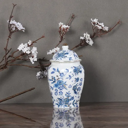 Vista 6 de Tarro de jengibre chino con tapa, estilo antiguo, decoración del hogar, retro, flores de porcelana azul y blanca, jarrón cubierto de cerámica, Tarro