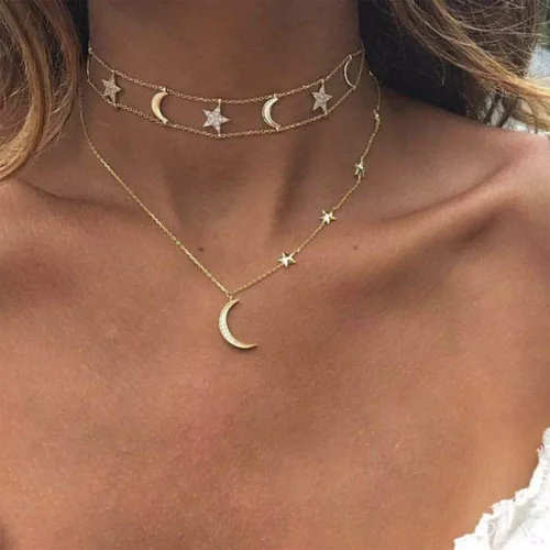 Vista 7 de 4 collares de gargantilla en capas, de oro, con dijes de mariposa, estrella, luna, corazón, linda gargantilla de cadena multicapa para mujeres
