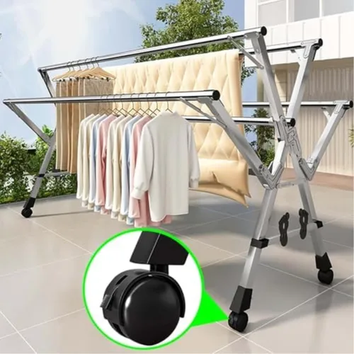 Vista 3 de Space-Saving Clothes Drying Rack, Foldable Stainless Steel Laundry Hanger with 5 Poles, Shoe Rack & 360° Wheels (160cm/63in 160cm/63in)