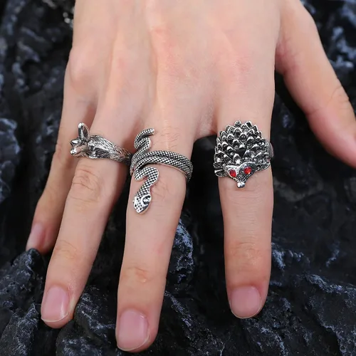 Vista 6 de ORAZIO Juego de 16 anillos abiertos góticos para hombres y mujeres, estilo punk, ajustable, serpiente y garra de dragón, anillos de animales