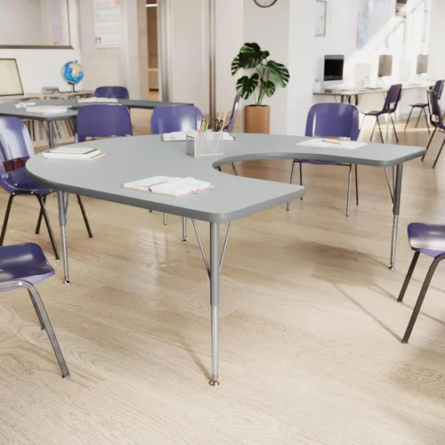 Vista 2 de Flash Furniture 66" x 60" Horseshoe Activity Table, Gray, Standard Legs Gray Top/Silver Frame