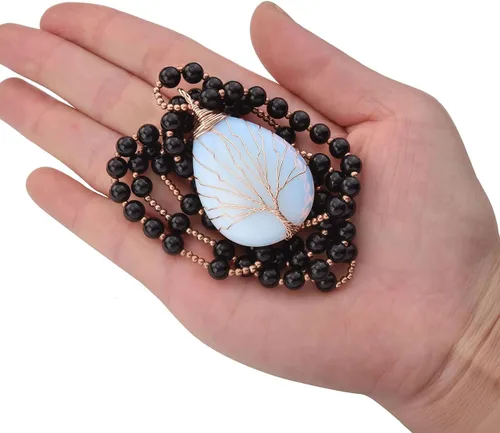 Vista 4 de PESOENTH Collar con colgante de árbol de la vida de cristal de amatista para mujer, cuentas moradas de mala, yoga, meditación, oración, piedras