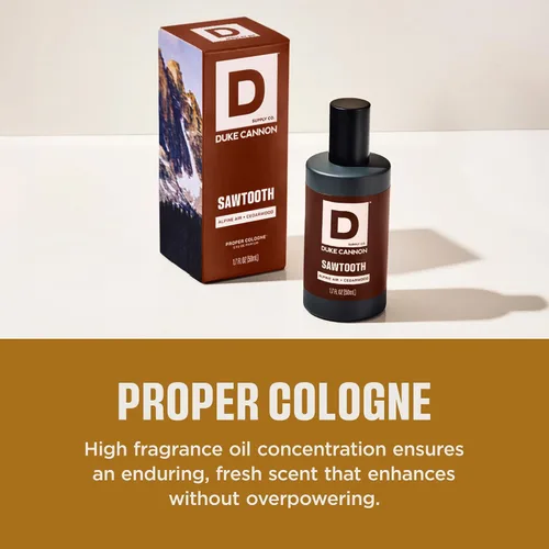 Vista 5 de Duke Cannon Proper Cologne Sawtooth Perfume para hombre Eau de Parfum Aire Alpino y Madera de Cedro Fragancia fresca, amaderada y duradera