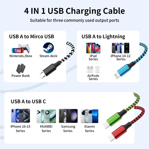 Vista 5 de Cable de carga múltiple 4 en 1, cable de carga USB con 2 cargadores USB C/IP/Micro USB, cargador de teléfono para iPhone 17-8/Android/iPad y más
