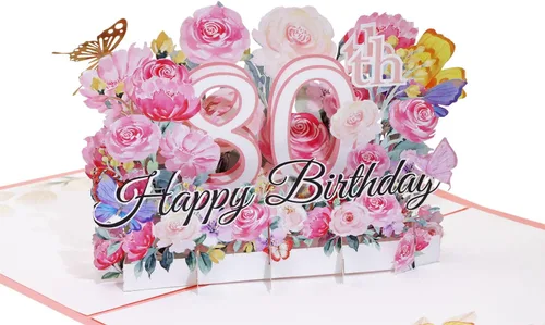 Vista 7 de PENTA ANGEL Tarjeta de felicitación de feliz cumpleaños 30 con diseño de flores 3D, regalo de cumpleaños de 30 años con sobre en blanco para su