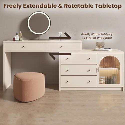 Vista 2 de Escritorio de tocador con espejo iluminado LED, mesa de maquillaje con cajón grande y gabinete, 3 modos de iluminación de brillo ajustable, tocador