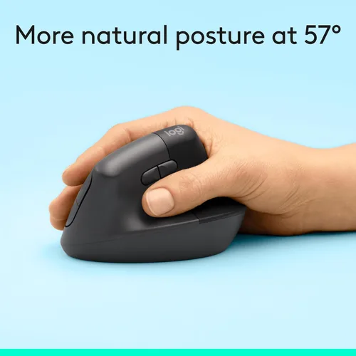 Vista 3 de Logitech Lift - Mouse ergonómico vertical, inalámbrico, Bluetooth o receptor USB, clics silenciosos, 4 botones, mouse inalámbrico para mano derecha