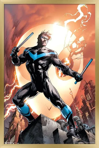 Vista 22 de Trends International DC Comics Nightwing - Póster de pared de fuego, 14.725 x 22.375 pulgadas, versión enmarcada de madera de granero