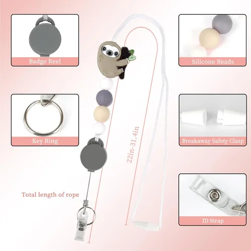 Vista 3 de Cordón retráctil para profesores para tarjetas de identificación y llaves, bonito cordón de cuentas con soporte para identificación, lindo cordón