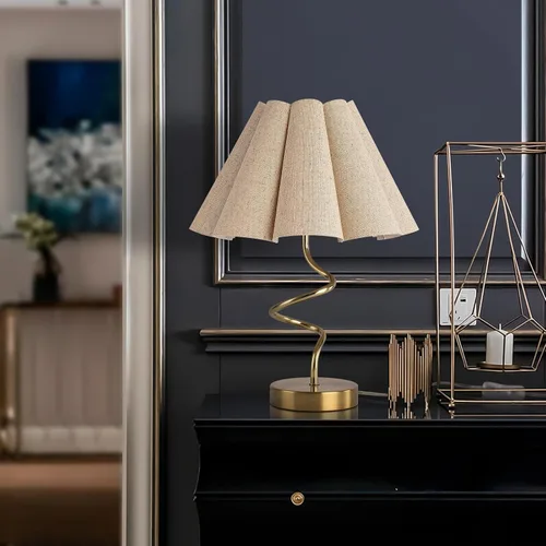 Vista 4 de Ziqqeelam Lámpara de mesa de noche dorada, lámparas de mesa plegadas de latón dorado, mesita de noche y espacios pequeños con pantalla festoneada