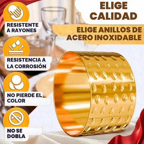 Vista 3 de 8 servilleteros dorados, metal martillado, reutilizables, 1.75 x 1.1