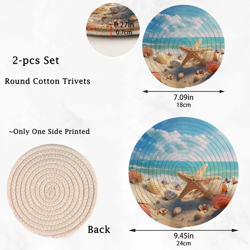 Vista 2 de Naanle Juego de salvamanteles de algodón tejido de conchas de playa de verano, 2 posavasos redondos para cocinar, hornear, platos calientes, sartén