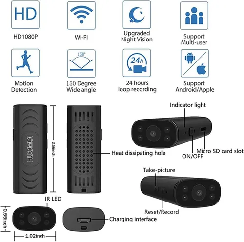 Vista 2 de HUOMU - Cámaras de seguridad ocultas, mini cámara espía de visión remota con Wi-Fi, inalámbrica, 1080P HD, para interiores y exteriores, grabadora