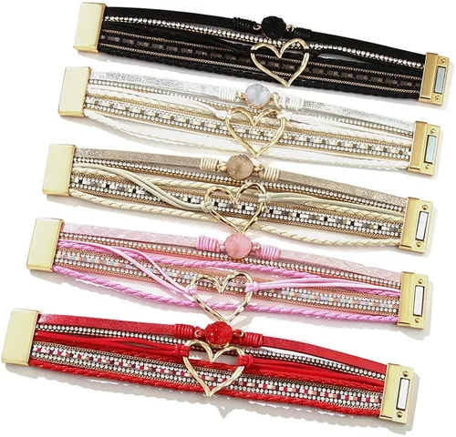 Vista 3 de Caiyao Pulsera de cuero para mujer, pulsera de cuentas con decoración en forma de corazón, pulsera de cristal bohemio con cierre magnético, pulsera