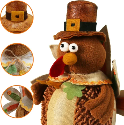 Vista 4 de Ogrmar Paquete de 2 muñecas de pavo de peluche de 15 pulgadas, decoración de mesa de Acción de Gracias, exquisita muñeca de felpa de pavo hecha a