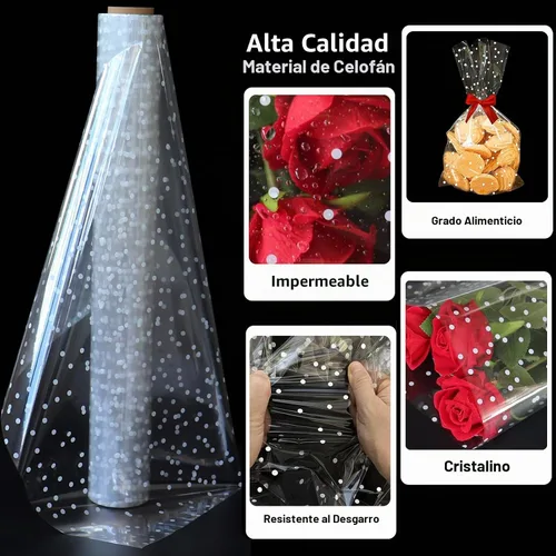 Vista 3 de Rollo de celofán transparente extra ancho de 100 pies x 34 pulgadas con punto blanco irregular, rollo de celofán más grueso transparente, cestas