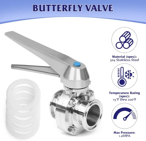 Vista 2 de Válvula de mariposa de tres abrazaderas de 1 pulgada de acero inoxidable sanitario 304 con mango de gatillo Tri Clamp Válvula de mariposa