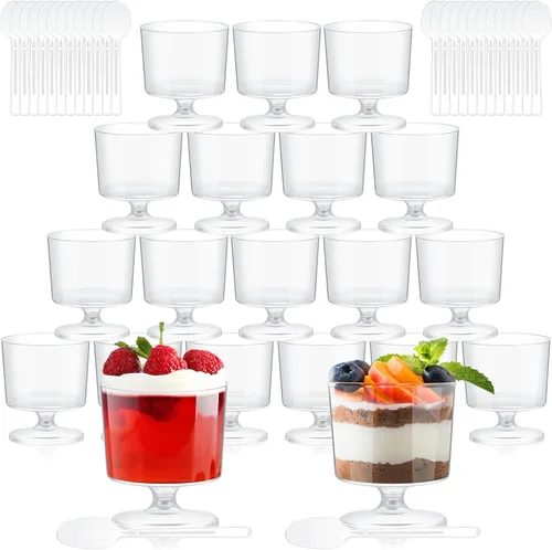 Vista 8 de 100 mini tazas de postre de 2 onzas con 100 cucharas de plástico transparente, tazones de mousse con pies y pedestal de frutas, parfait aperitivo