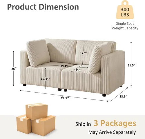 Vista 2 de Sofá biplaza de 66.9 pulgadas, sofá cama modular convertible de 2 plazas de pana, moderno juego de sofá combinado gratuito para sala de estar y Beige