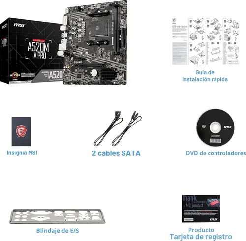 Vista 6 de MSI A520M-A PRO Placa base para gaming (AMD Ryzen 5000, AM4, DDR4, PCIe 3.0, SATA 6Gb/s, M.2, USB 3.2 Gen 1, DVI/HDMI, Micro-ATX)