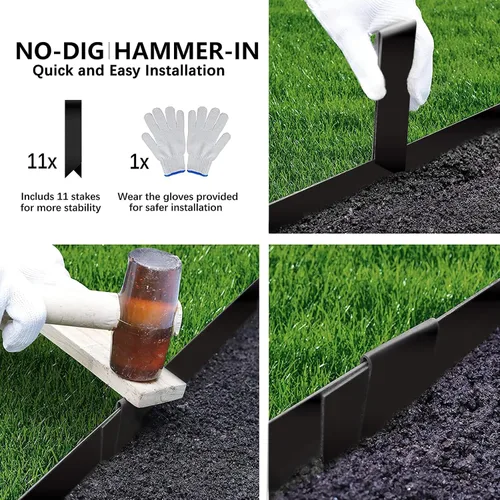 Vista 3 de Worth Garden Paquete de 10 Bordes de Acero Galvanizado para Paisajismo de Césped - Tiras de Metal Doblables con Recubrimiento en Polvo Negro de 4.5