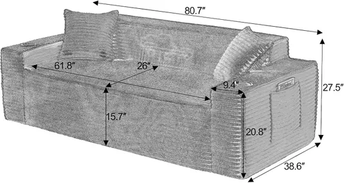 Vista 2 de Tmsan Sofá de 3 plazas sin hueso de 80.7 pulgadas para sala de estar con portavasos y asiento profundo de 26 pulgadas, bolsillos laterales, sofá
