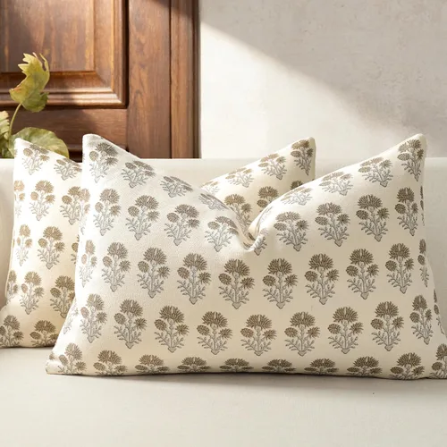 Vista 21 de Juego de 2 fundas de almohada florales de 20 x 20 pulgadas, fundas de almohada con diseño botánico campestre para sofá, cama, sala de estar, fundas