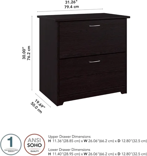 Vista 3 de Bush Furniture - Archivador lateral Cabot Collection de 2 cajones con herrajes cromados, elegante archivador para oficina en casa, cartas, archivos