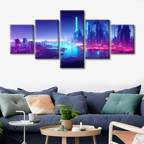 Vista 364 de Cuadros de 5 paneles de Cyberpunk City, arte de pared, representación de vallas publicitarias, edificios modernos en la capital con obras de arte