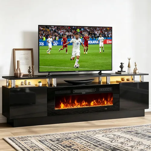 Vista 26 de oneinmil Soporte de TV con chimenea de 70 pulgadas para sala de estar, centro de entretenimiento con chimenea eléctrica con luces LED dobles
